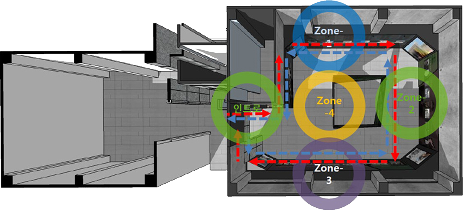 전시관 안내도입니다. 입구를 기준으로 상단에 Zone 1, 오른쪽에 Zone 2, 하단에 Zone 3, 중앙에 Zone 4가 배치되어 있으며, 관람은 시계 방향으로 진행됩니다.