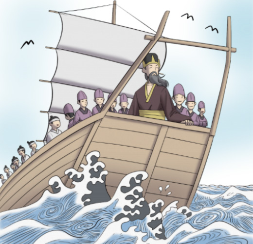 동쪽으로 향하는 배위에 타고 있는 준왕과 신하들