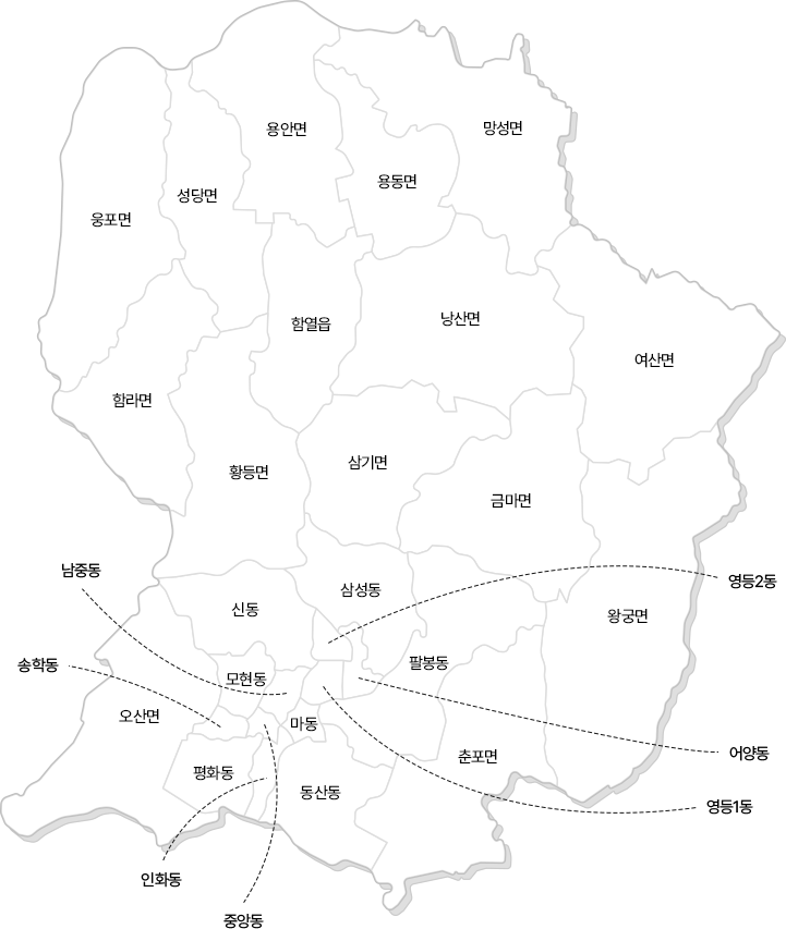 익산시 행정구역을 안내하는 지도로 함열읍, 오산면, 황등면, 함라면, 웅포면, 성당면, 용안면, 낭산면, 망성면, 여산면, 금마면, 왕궁면, 춘포면, 삼기면, 용동면, 중앙동, 평화동, 
    인화동, 동산동, 마동, 남중동, 모현동, 송학동, 신동, 영등1동, 영등2동, 어양동, 팔봉동, 삼성동
